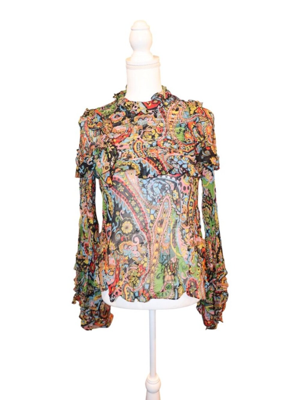Etro Womens Sheer Paisley Multicolor Long Sleeve Ruffle Blouse Size 42